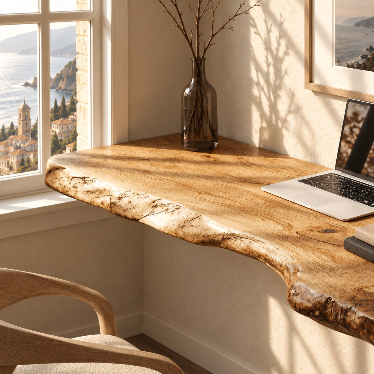 Vintage Style Thick Slab Wall Desk With Knotty Live Edge For Study Room