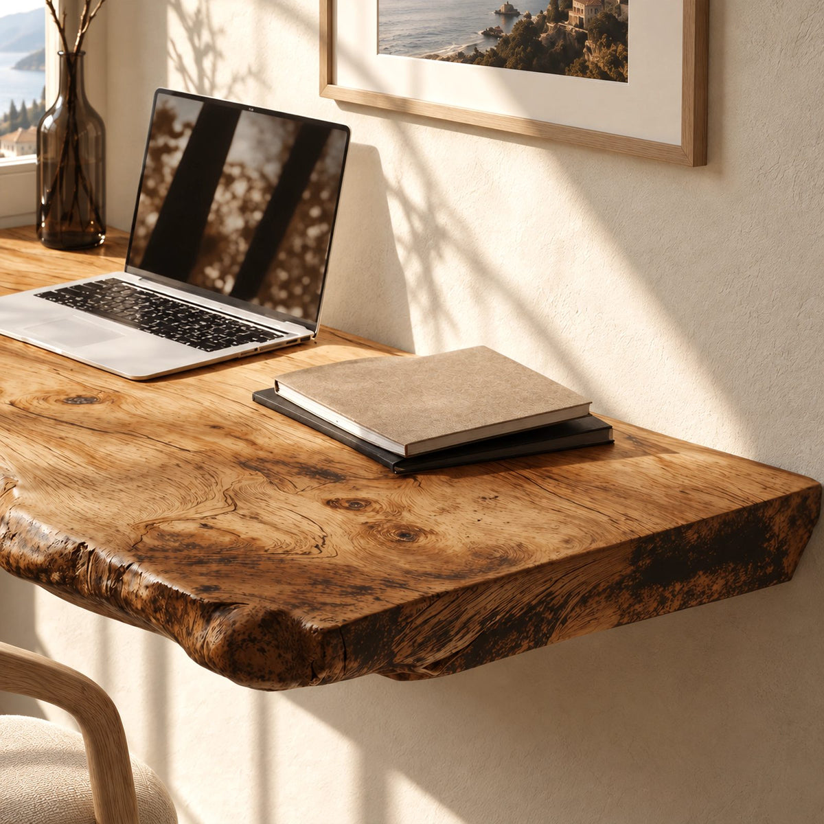 Vintage Style Thick Slab Wall Desk With Knotty Live Edge For Study Room
