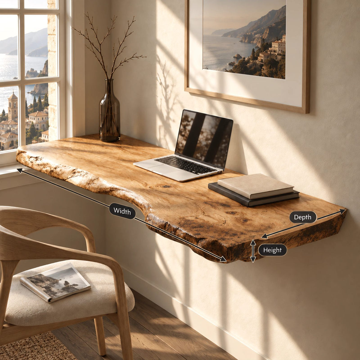Vintage Style Thick Slab Wall Desk With Knotty Live Edge For Study Room