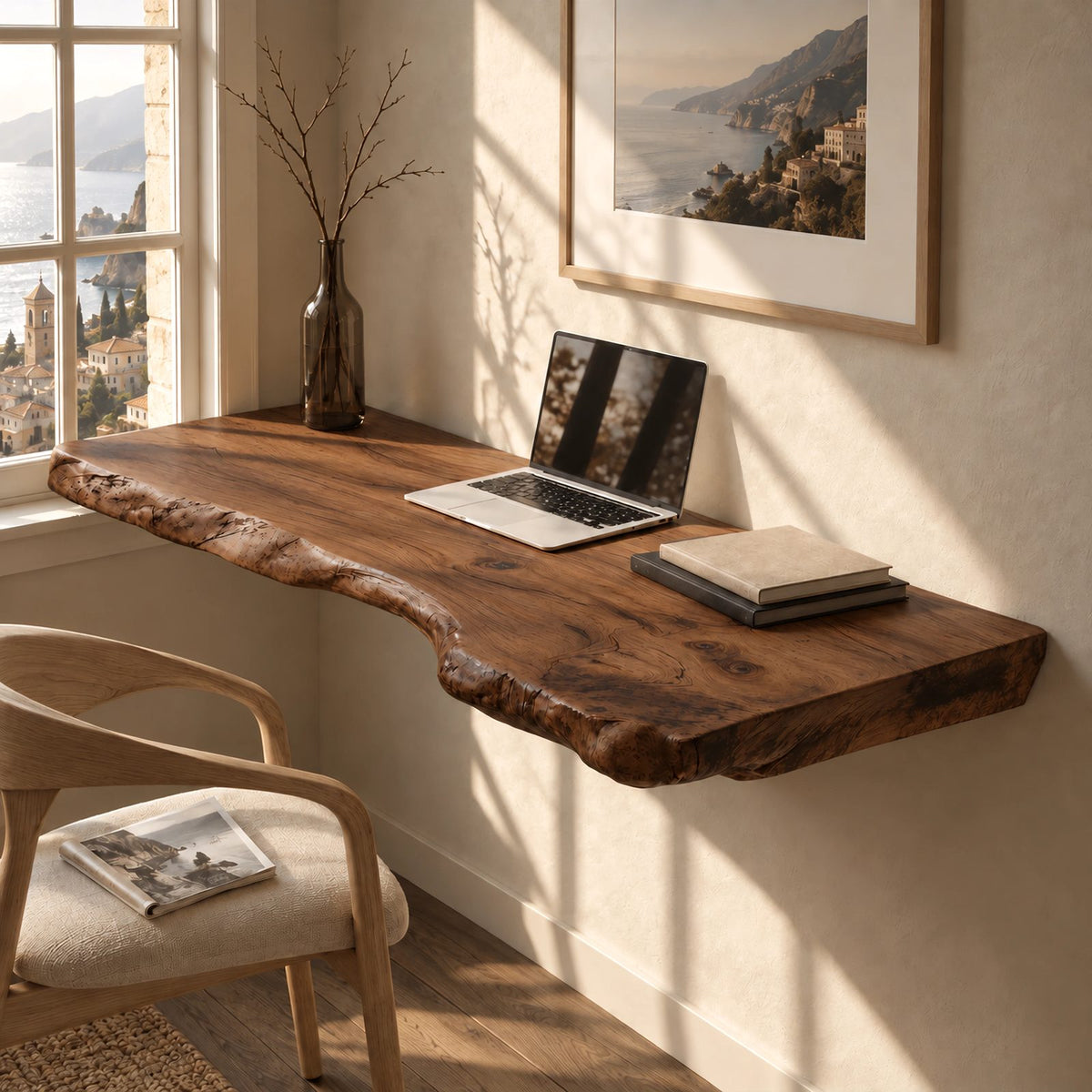 Vintage Style Thick Slab Wall Desk With Knotty Live Edge For Study Room
