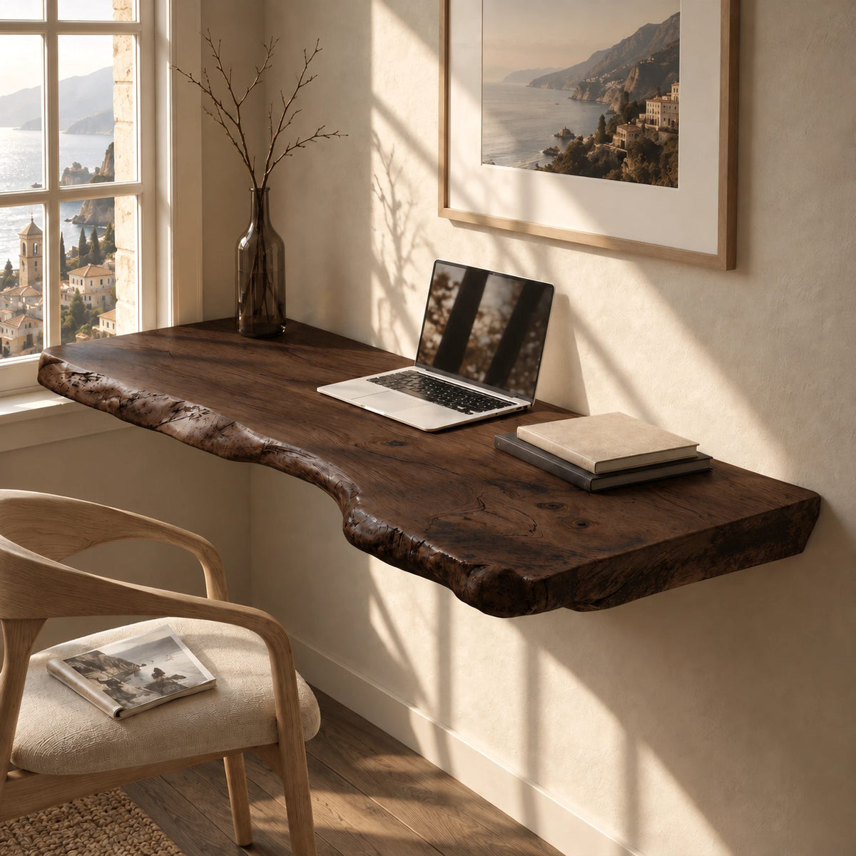 Vintage Style Thick Slab Wall Desk With Knotty Live Edge For Study Room