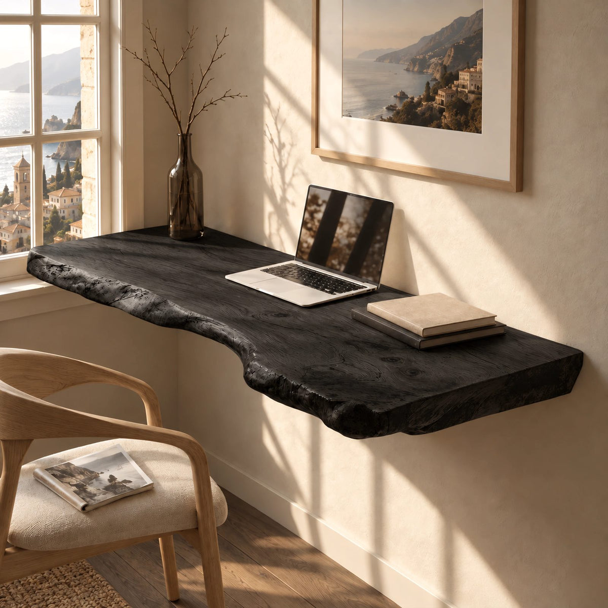 Vintage Style Thick Slab Wall Desk With Knotty Live Edge For Study Room