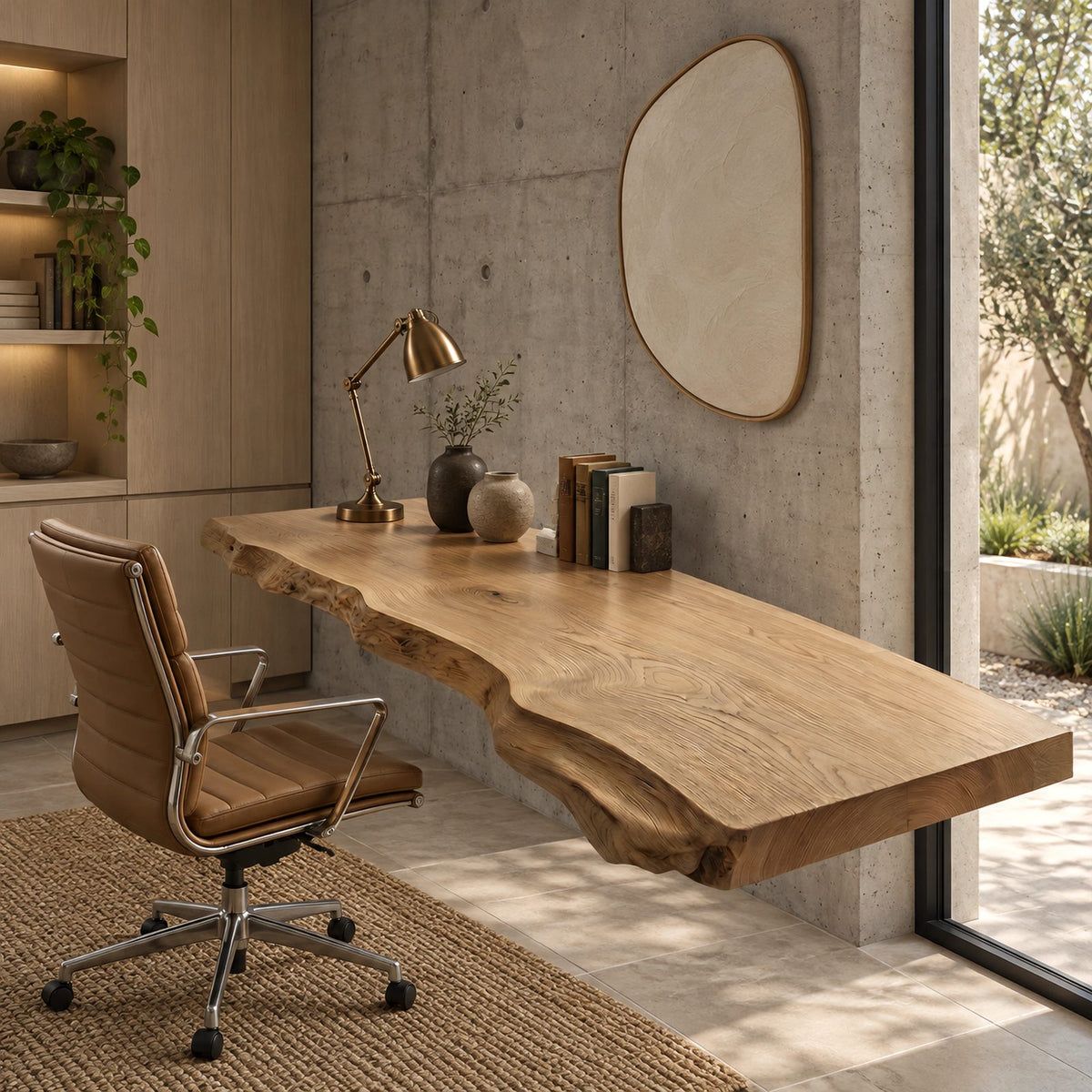 Timeless Long Live Edge Wall Mounted Desk With Flowing Grain For Home Office