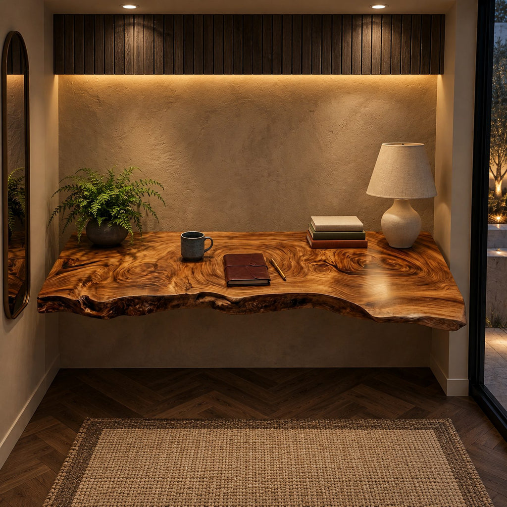 Timeless Long Live Edge Wall Mounted Desk With Flowing Grain For Home Office