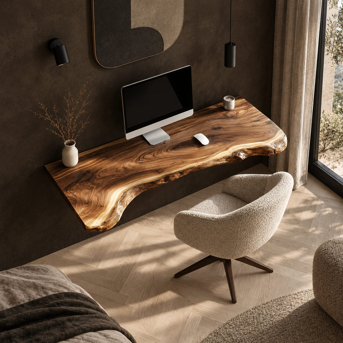 Japandi Live Edge Floating Computer Desk With Tapered Edge For Bedroom