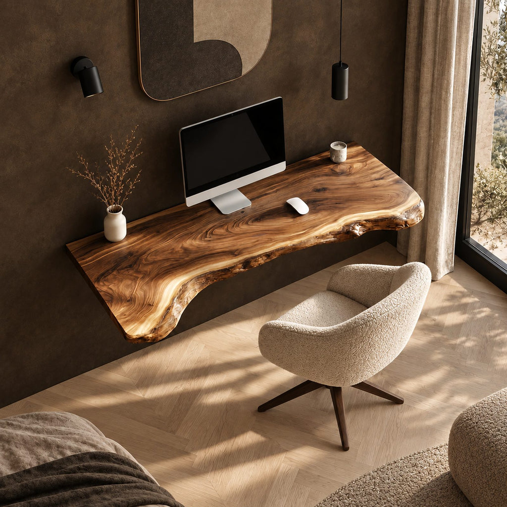 Japandi Live Edge Floating Computer Desk With Tapered Edge For Bedroom