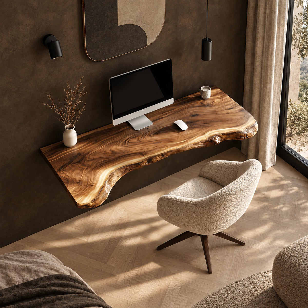 Japandi Live Edge Floating Computer Desk With Tapered Edge For Bedroom