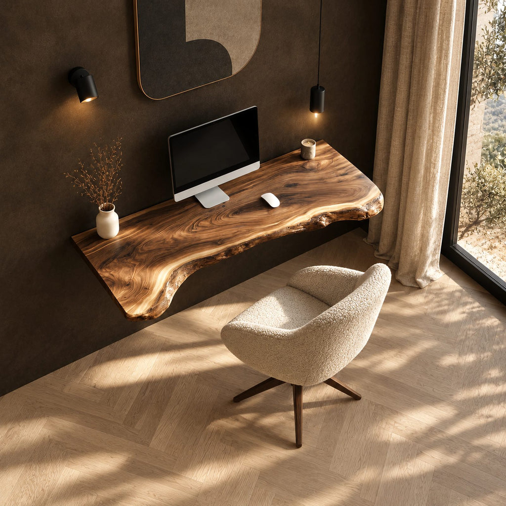 Japandi Live Edge Floating Computer Desk With Tapered Edge For Bedroom