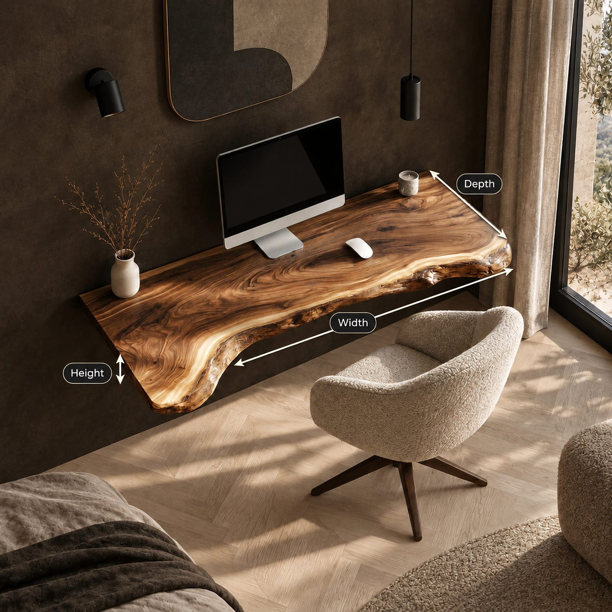 Japandi Live Edge Floating Computer Desk With Tapered Edge For Bedroom