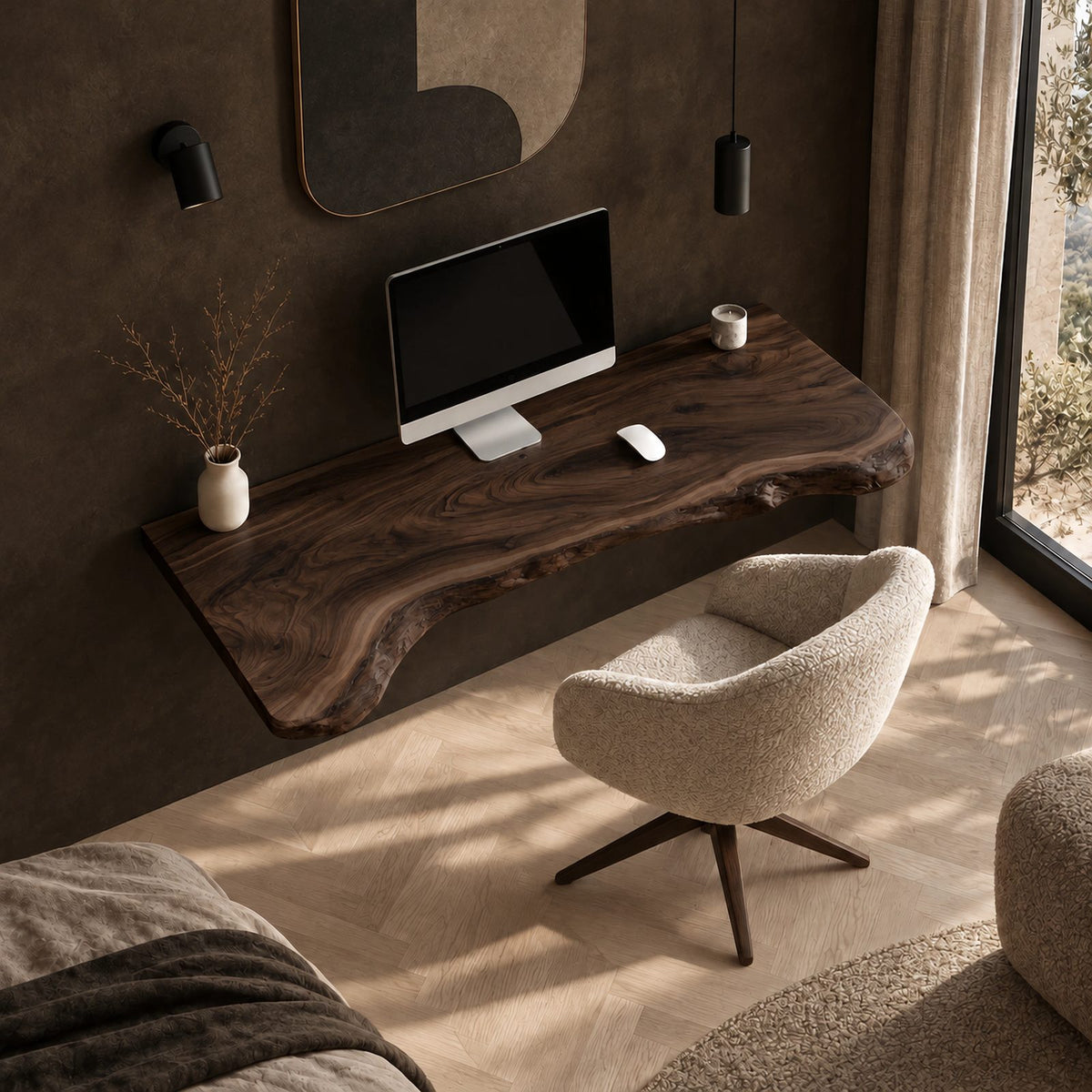 Japandi Live Edge Floating Computer Desk With Tapered Edge For Bedroom