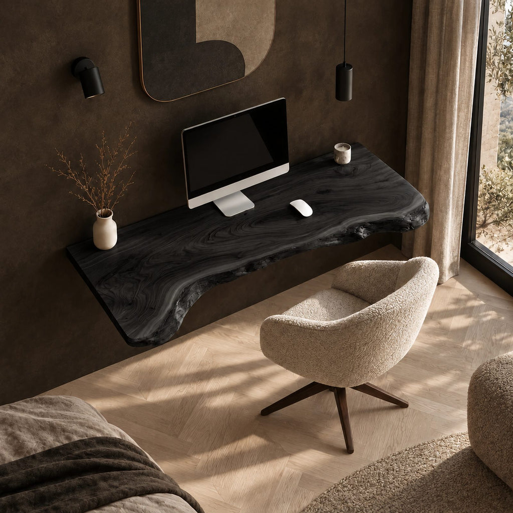Japandi Live Edge Floating Computer Desk With Tapered Edge For Bedroom