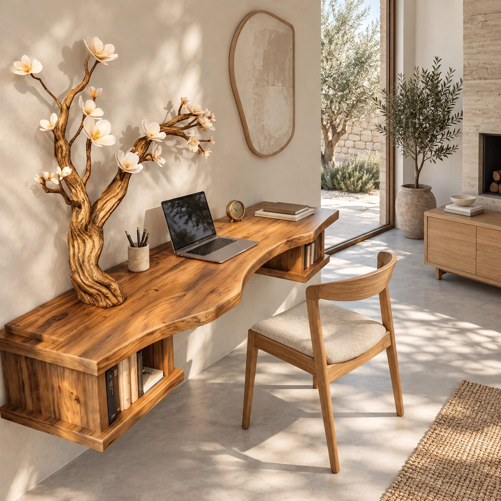 Sculptural Wooden Floating Desk With Carved Tree Branch For Home Office