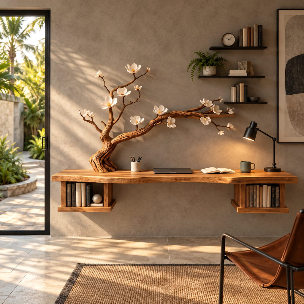 Sculptural Wooden Floating Desk With Carved Tree Branch For Home Office