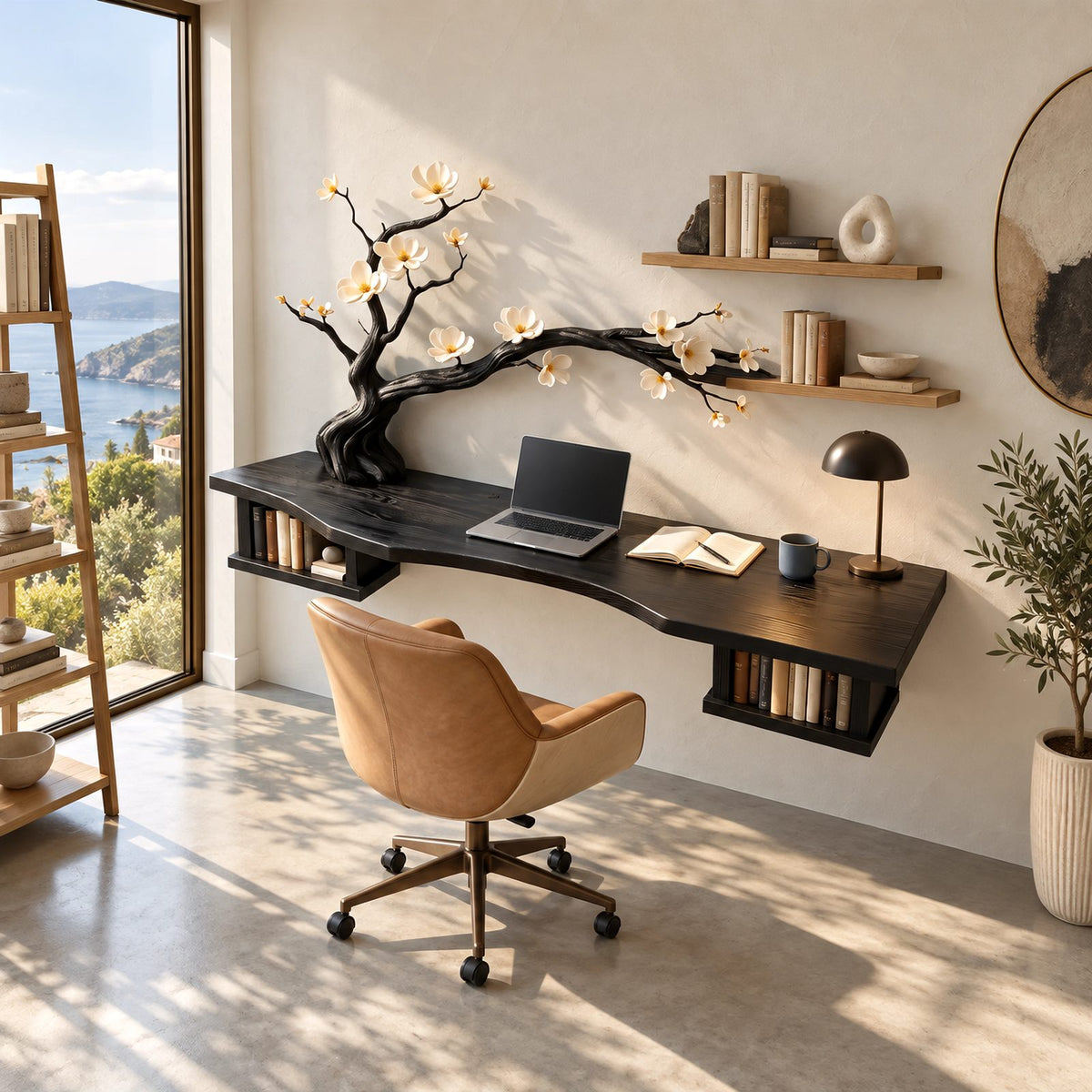 Sculptural Wooden Floating Desk With Carved Tree Branch For Home Office