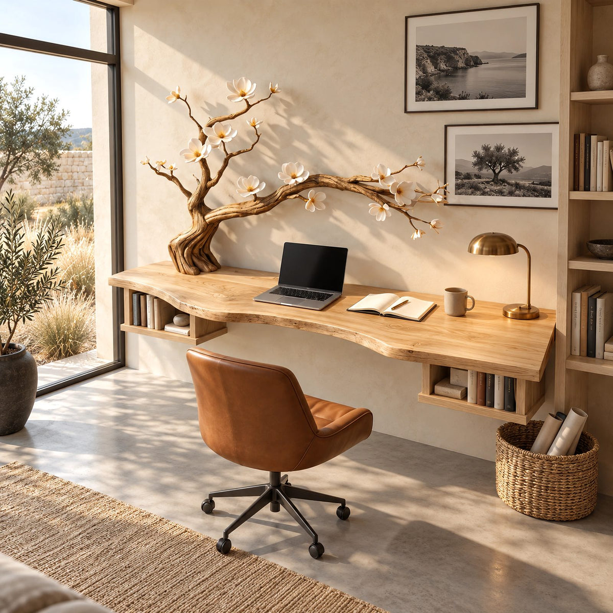 Sculptural Wooden Floating Desk With Carved Tree Branch For Home Office