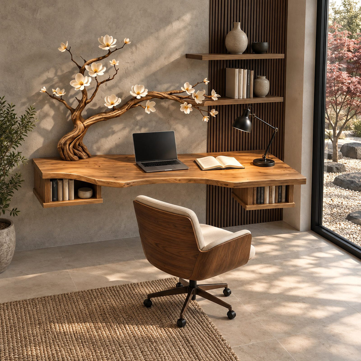 Sculptural Wooden Floating Desk With Carved Tree Branch For Home Office