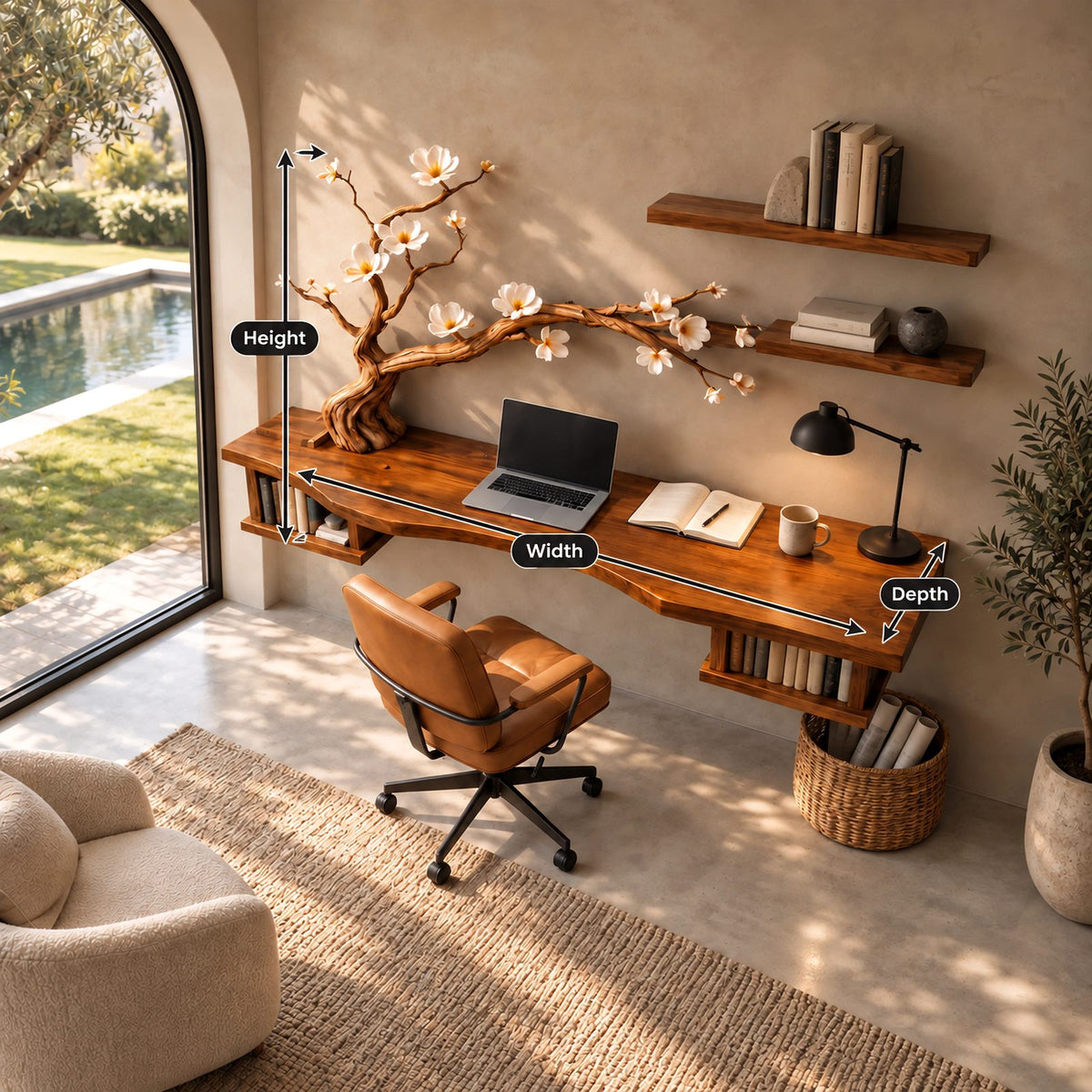 Sculptural Wooden Floating Desk With Carved Tree Branch For Home Office