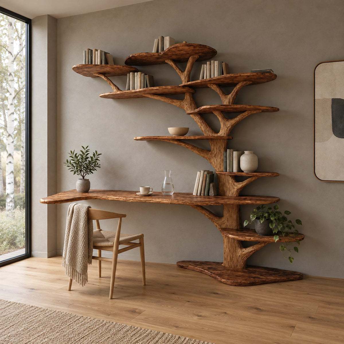 Statement Tree Bookshelf Desk With Root Base For Home Office