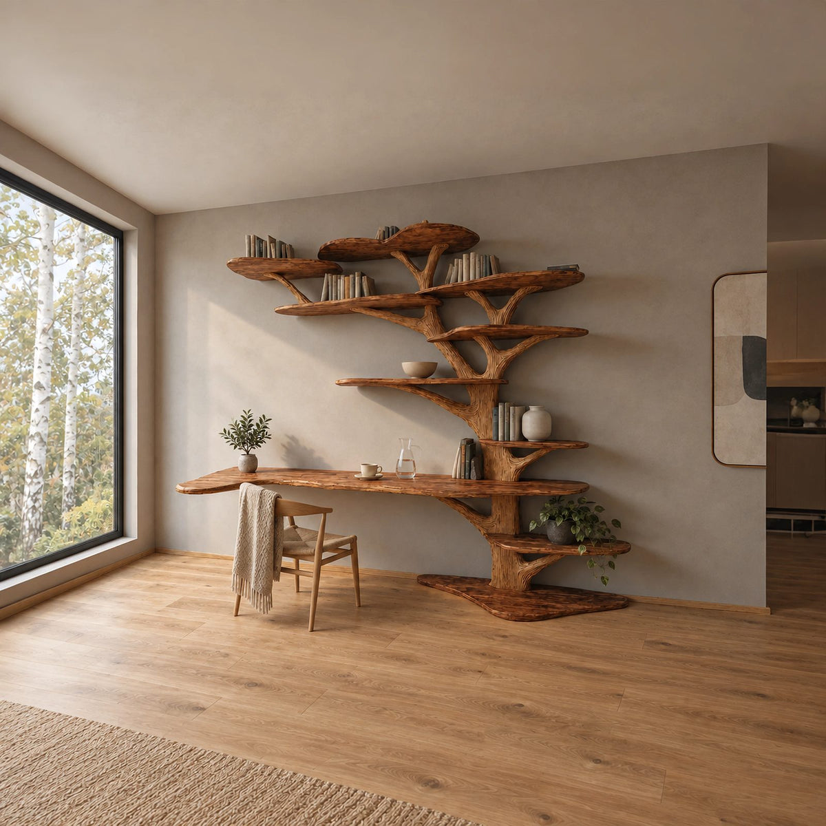 Statement Tree Bookshelf Desk With Root Base For Home Office