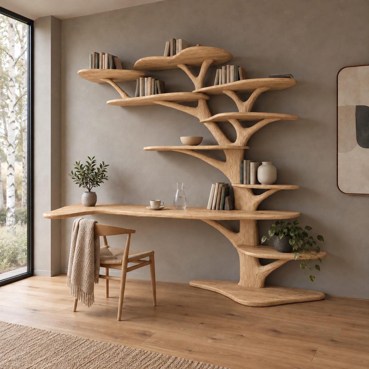 Statement Tree Bookshelf Desk With Root Base For Home Office