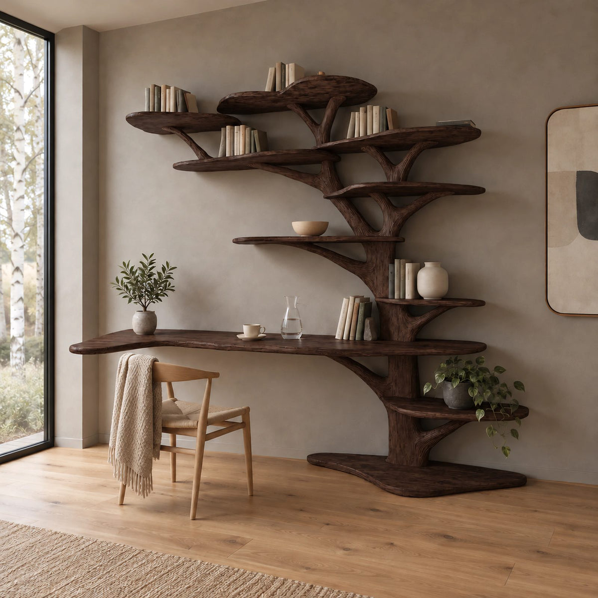 Statement Tree Bookshelf Desk With Root Base For Home Office