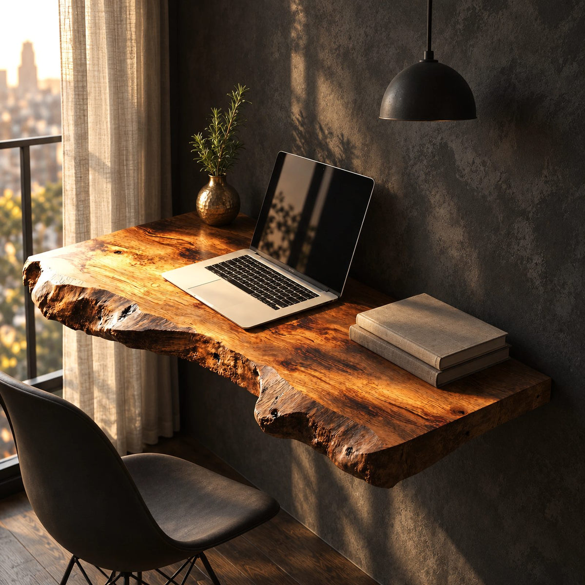 Natural Chunky Slab Floating Desk With Raw Live Edge For Home Office