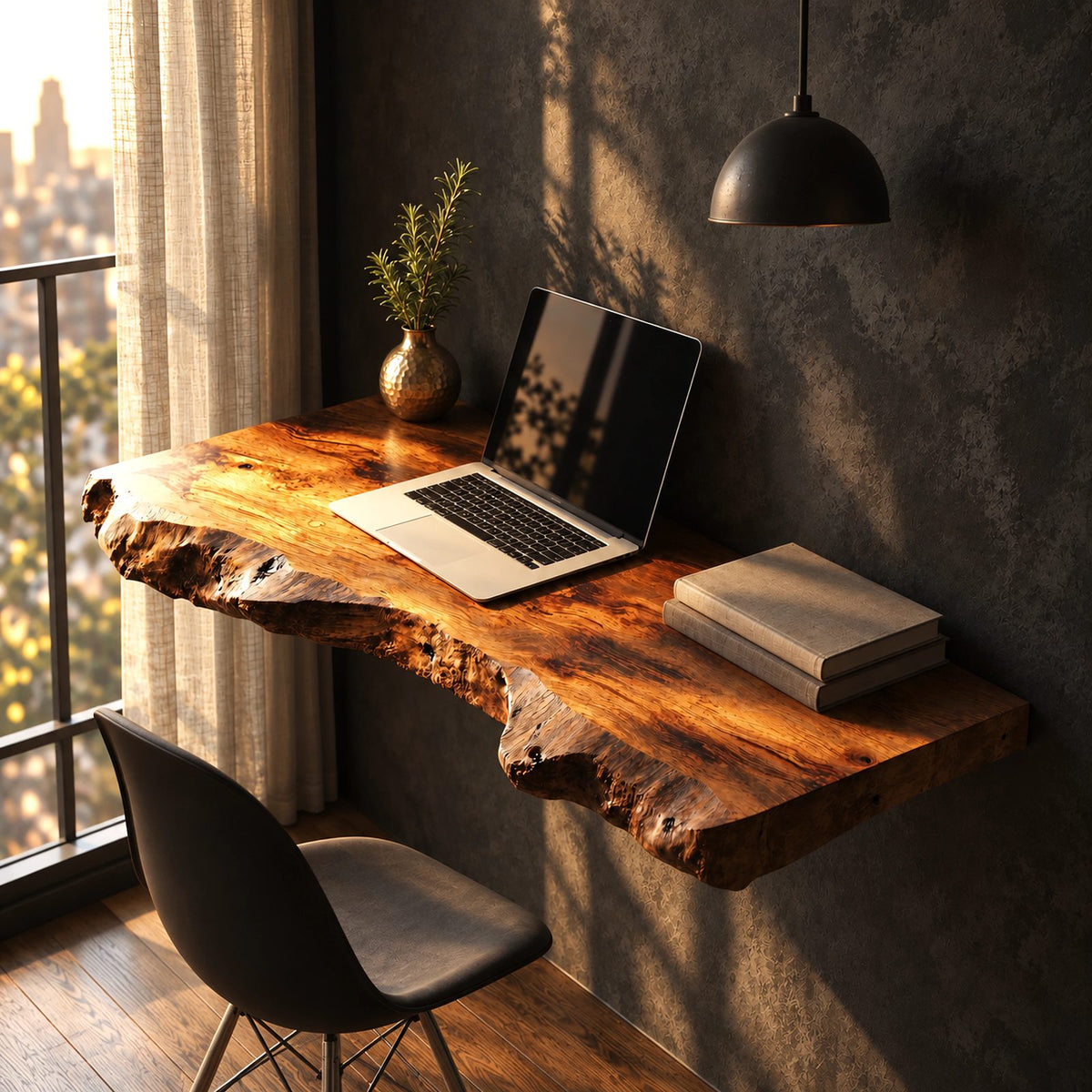 Natural Chunky Slab Floating Desk With Raw Live Edge For Home Office