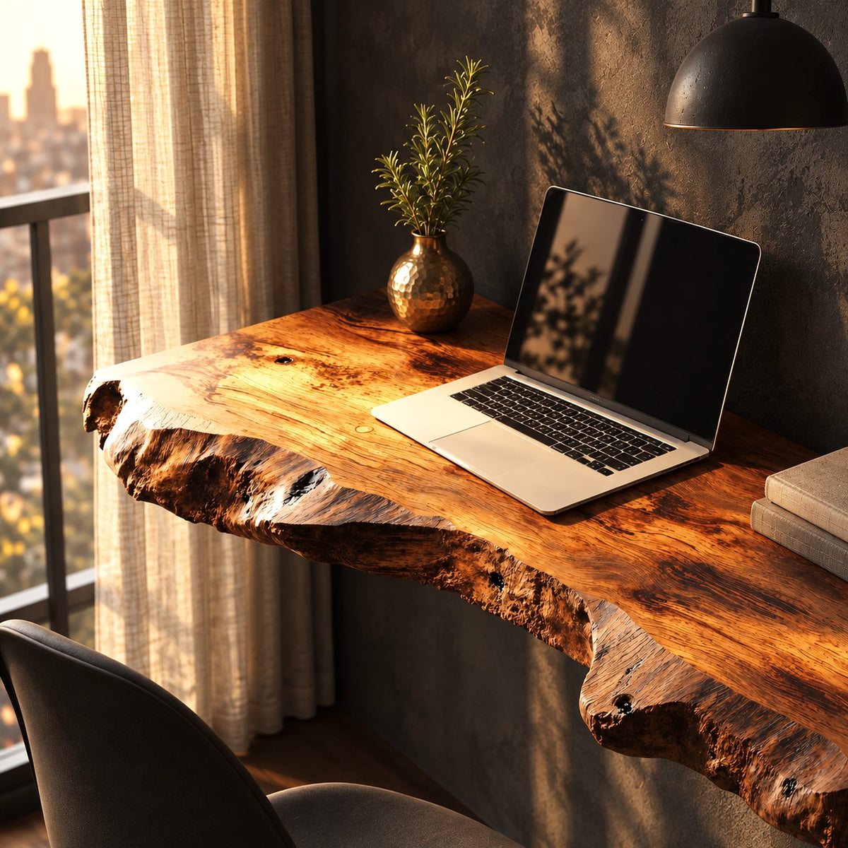 Natural Chunky Slab Floating Desk With Raw Live Edge For Home Office