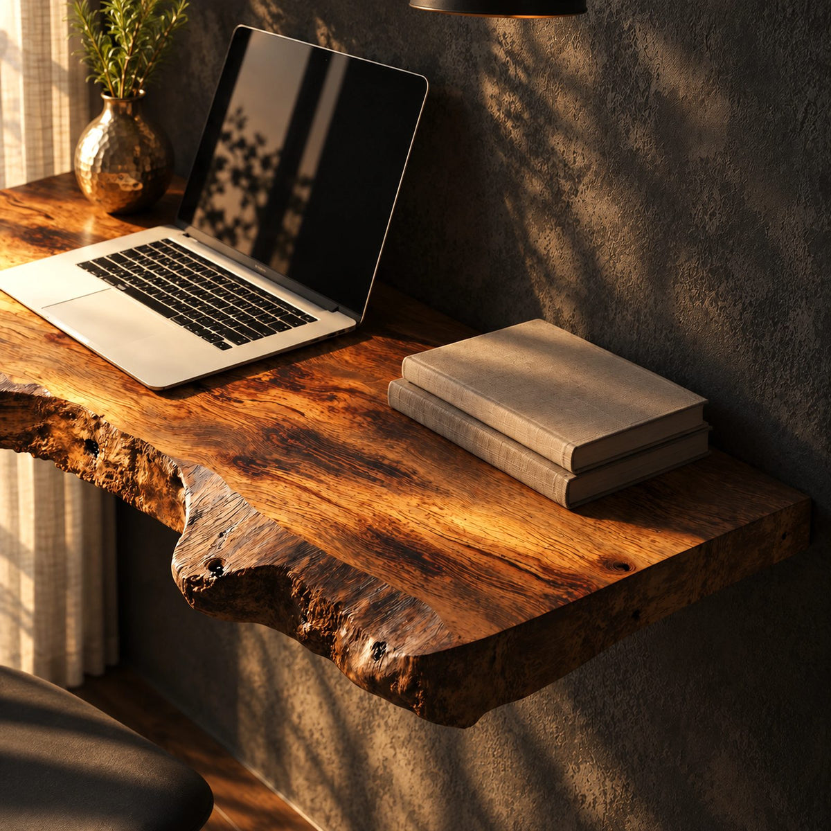 Natural Chunky Slab Floating Desk With Raw Live Edge For Home Office