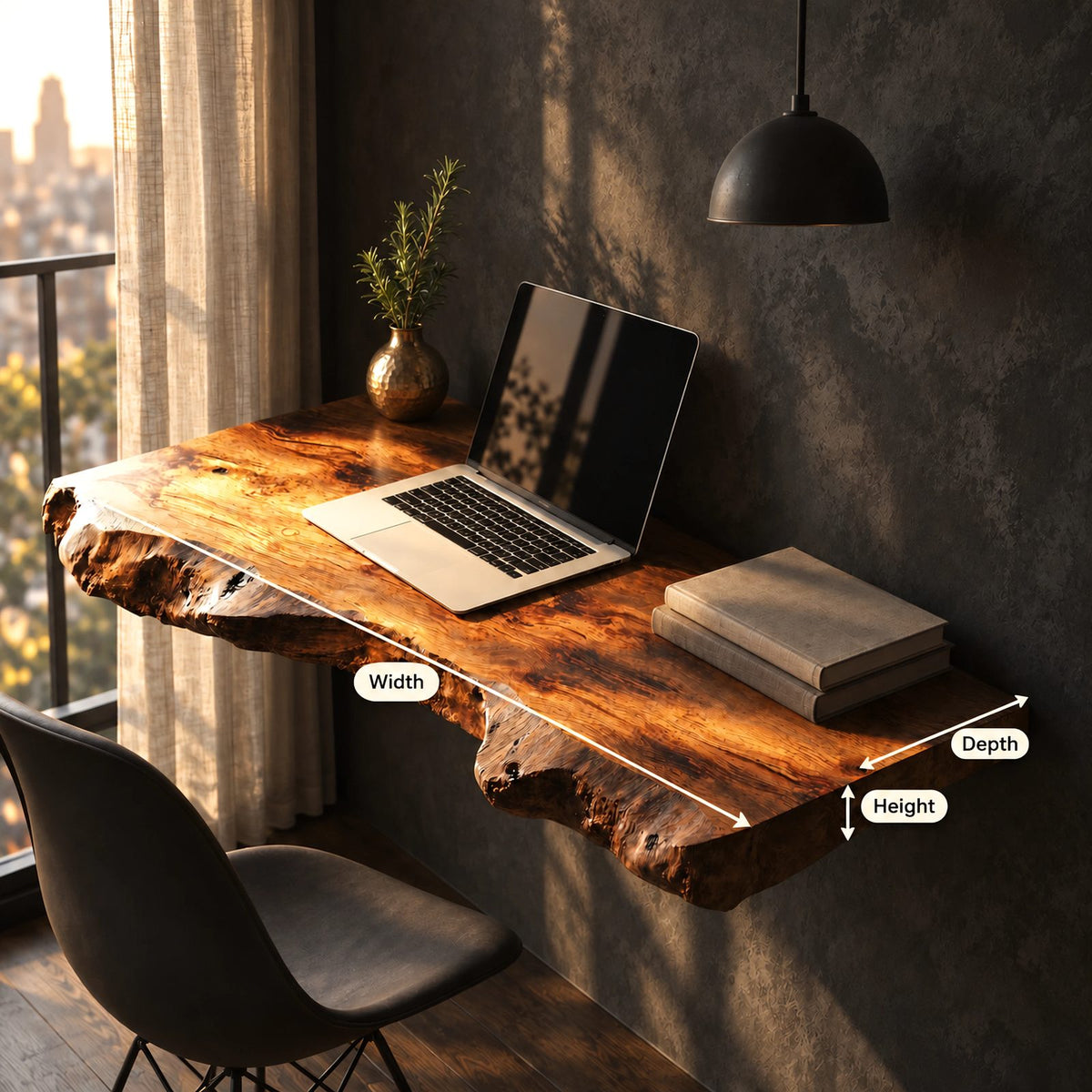 Natural Chunky Slab Floating Desk With Raw Live Edge For Home Office