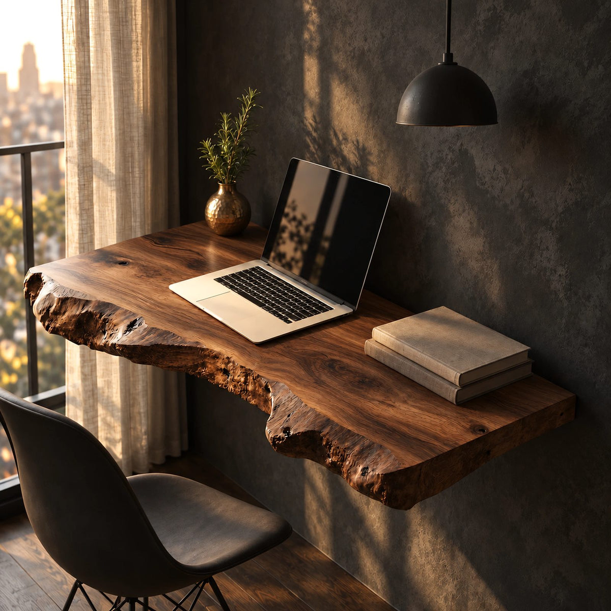 Natural Chunky Slab Floating Desk With Raw Live Edge For Home Office