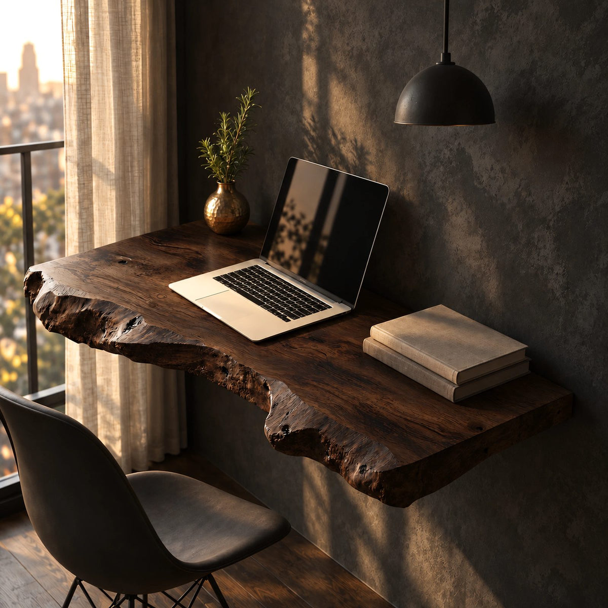 Natural Chunky Slab Floating Desk With Raw Live Edge For Home Office
