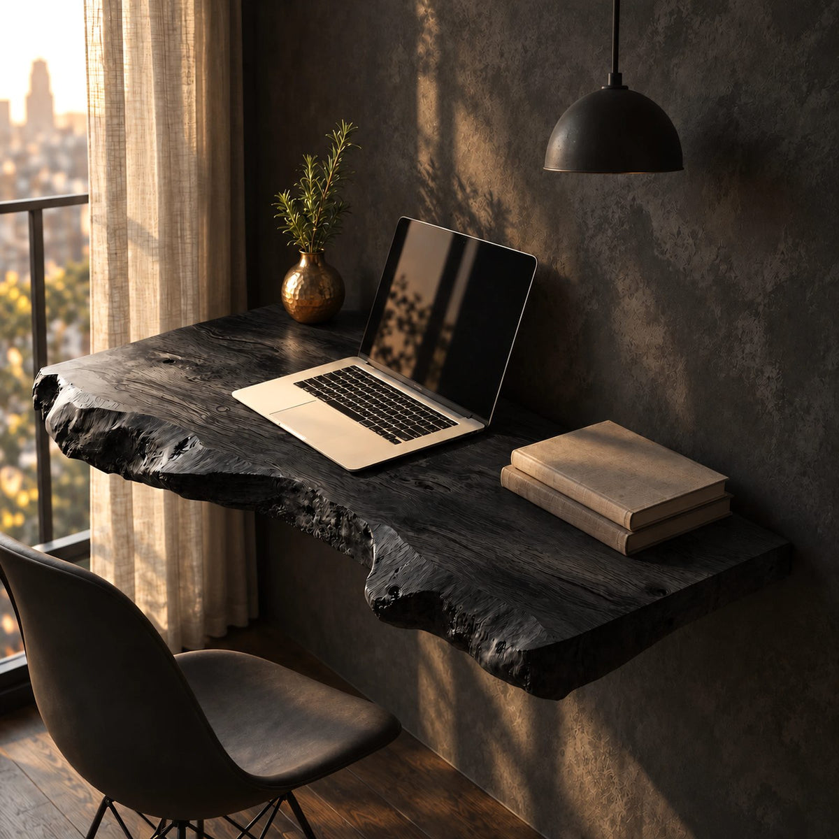 Natural Chunky Slab Floating Desk With Raw Live Edge For Home Office