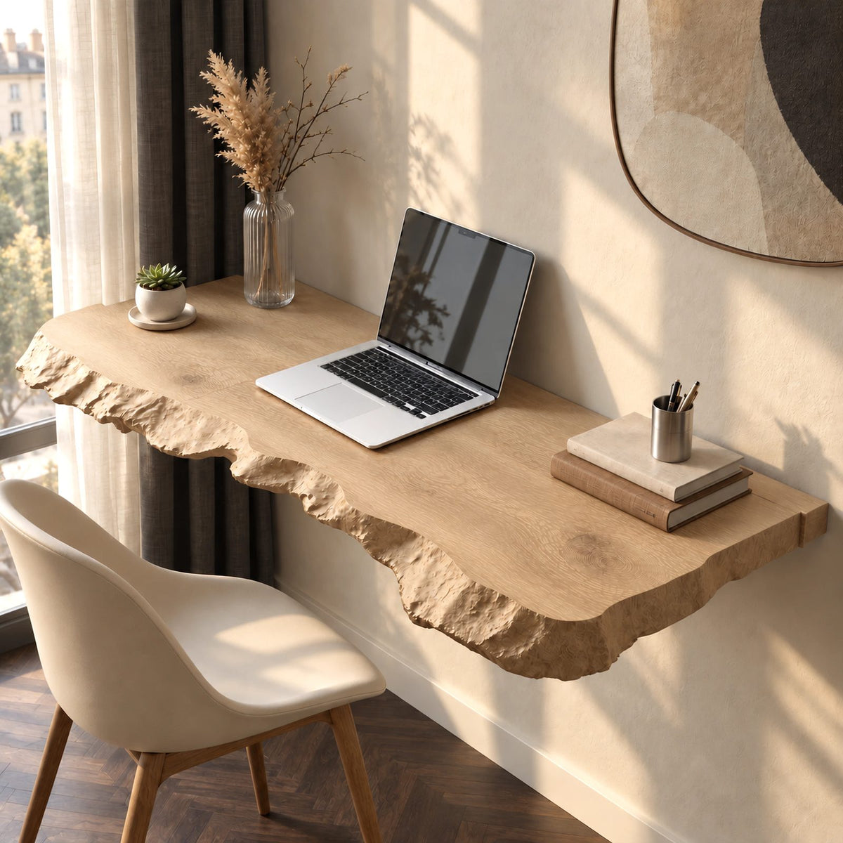 Bold Solid Wood Floating Desk With Chiseled Edge For Home Office
