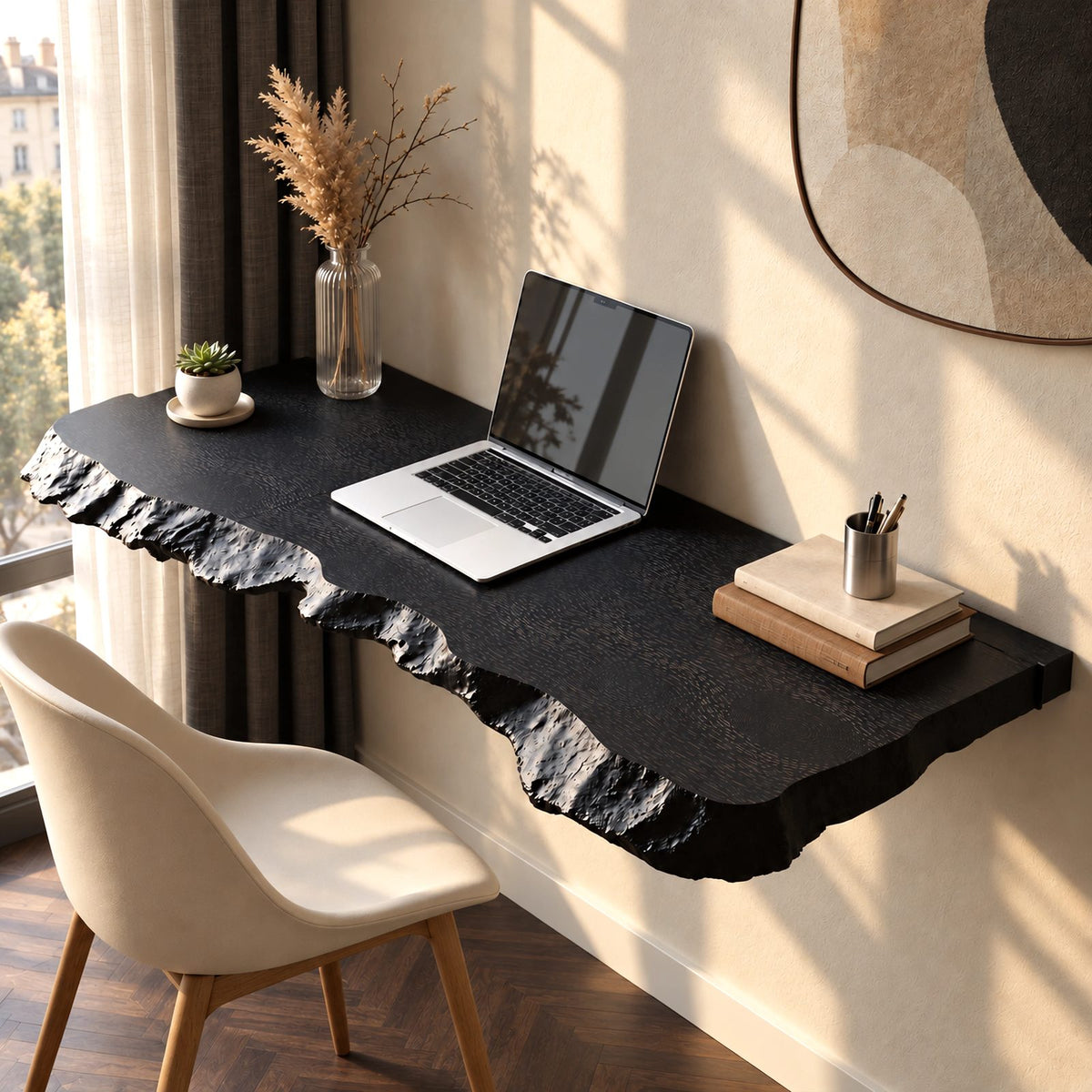 Bold Solid Wood Floating Desk With Chiseled Edge For Home Office