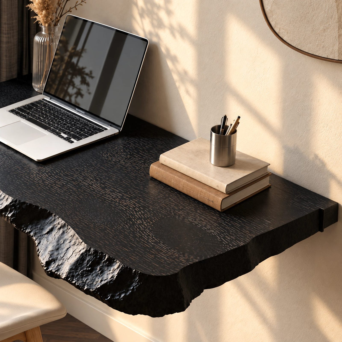 Bold Solid Wood Floating Desk With Chiseled Edge For Home Office