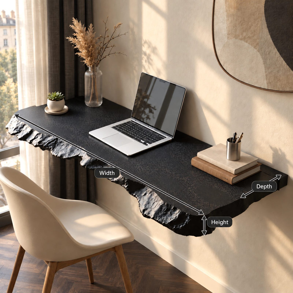 Bold Solid Wood Floating Desk With Chiseled Edge For Home Office