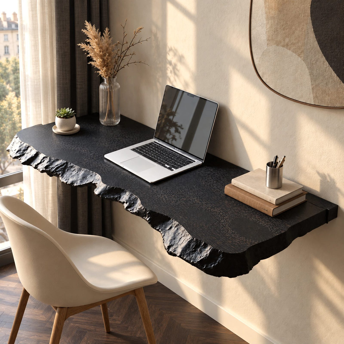 Bold Solid Wood Floating Desk With Chiseled Edge For Home Office