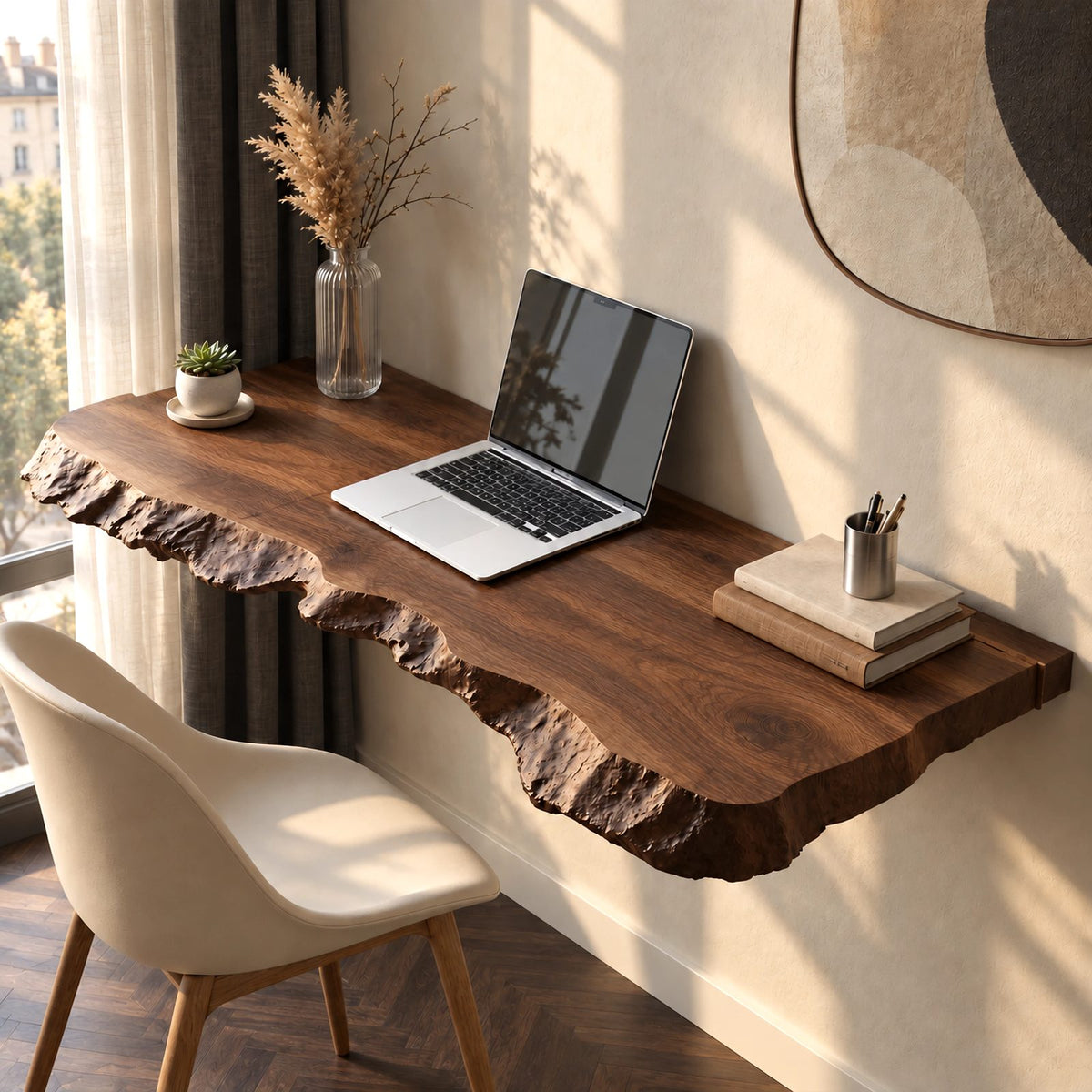 Bold Solid Wood Floating Desk With Chiseled Edge For Home Office