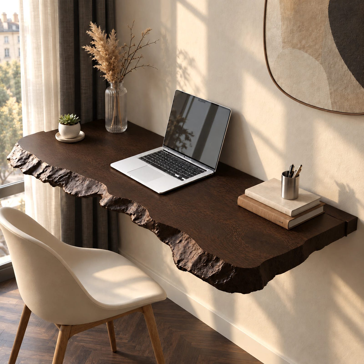 Bold Solid Wood Floating Desk With Chiseled Edge For Home Office