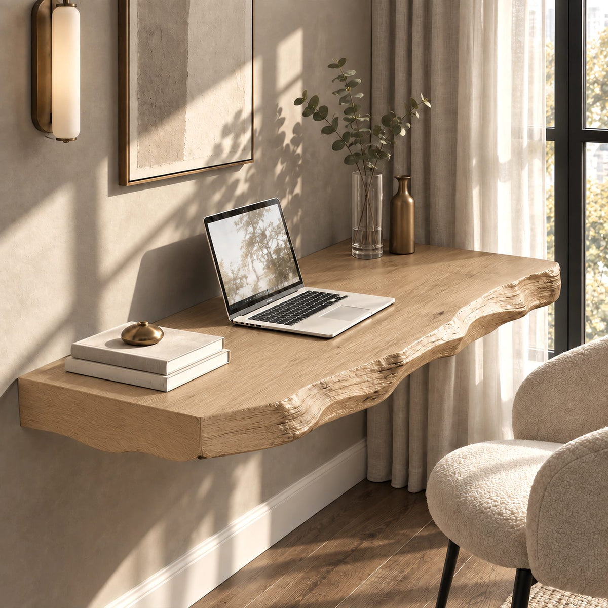 Artisan Wooden Floating Desk With Rippled Carved Edge For Home Office