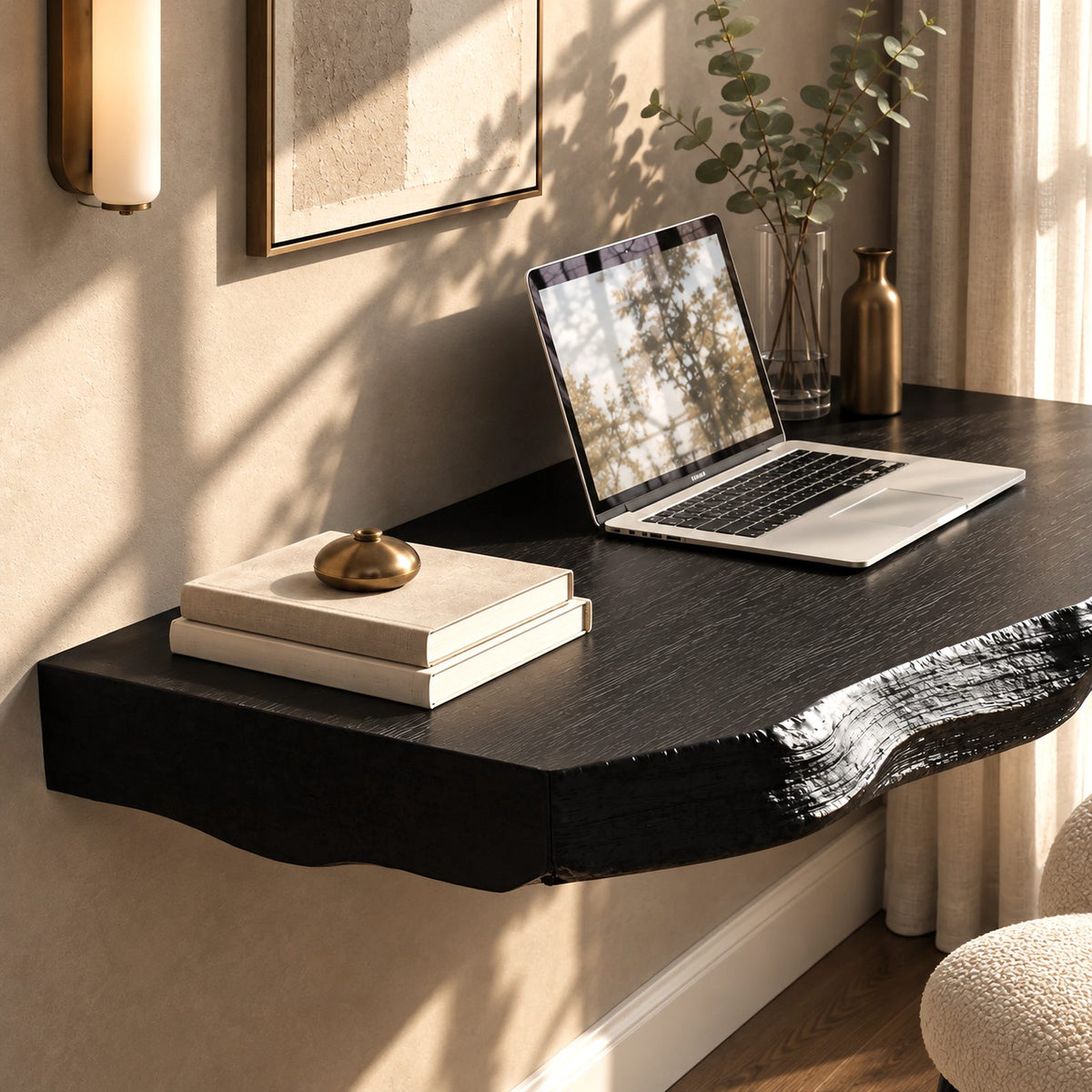 Artisan Wooden Floating Desk With Rippled Carved Edge For Home Office