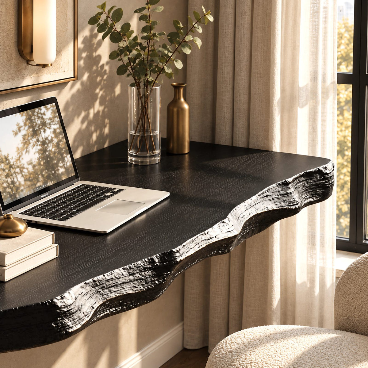 Artisan Wooden Floating Desk With Rippled Carved Edge For Home Office