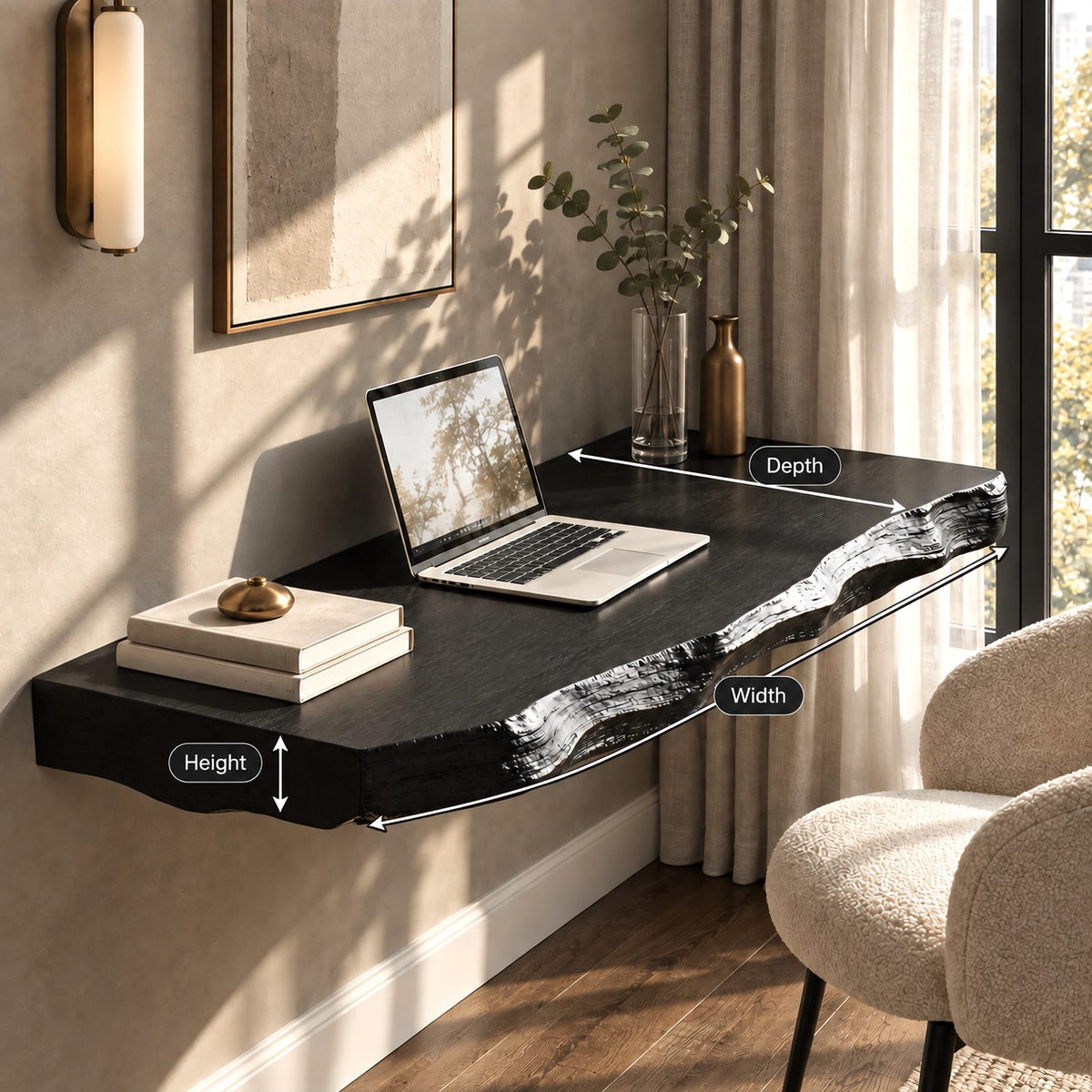 Artisan Wooden Floating Desk With Rippled Carved Edge For Home Office