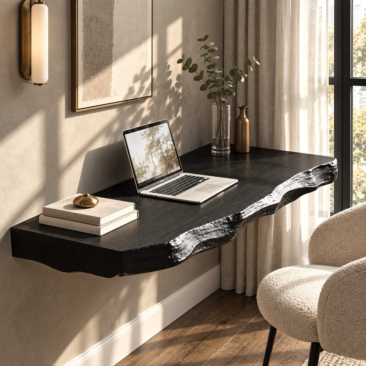 Artisan Wooden Floating Desk With Rippled Carved Edge For Home Office