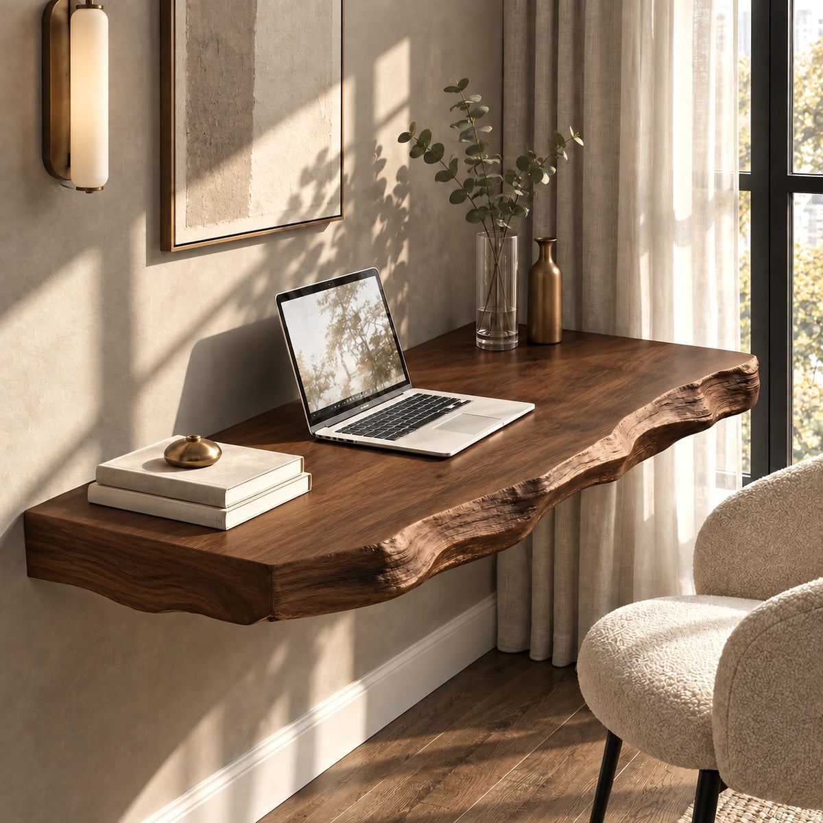 Artisan Wooden Floating Desk With Rippled Carved Edge For Home Office