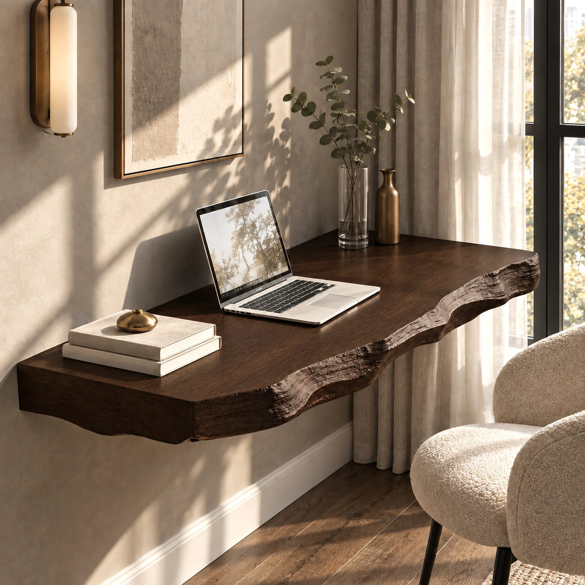 Artisan Wooden Floating Desk With Rippled Carved Edge For Home Office