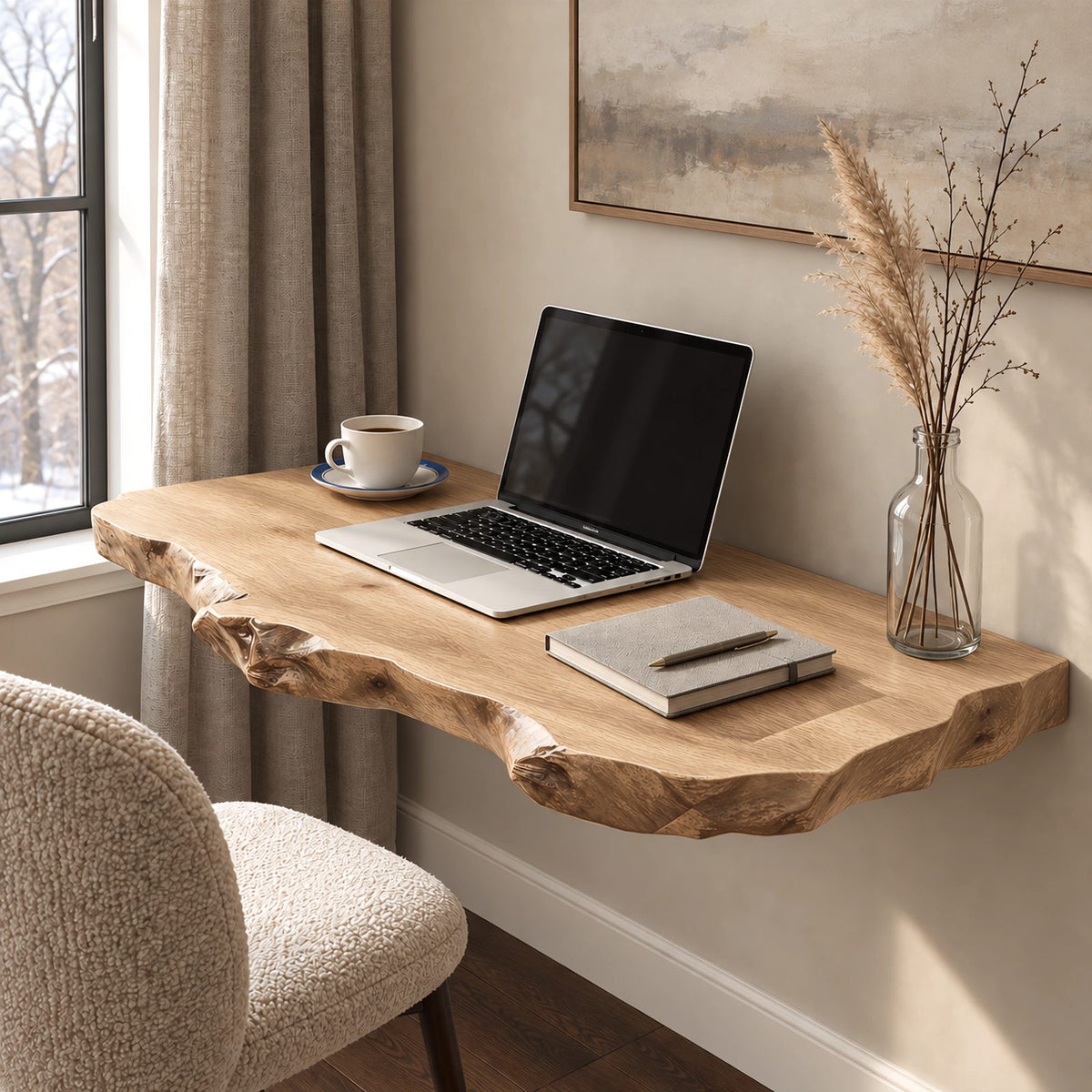 Lodge Style Thick Slab Wall Mounted Desk With Rugged Edge For Living Room
