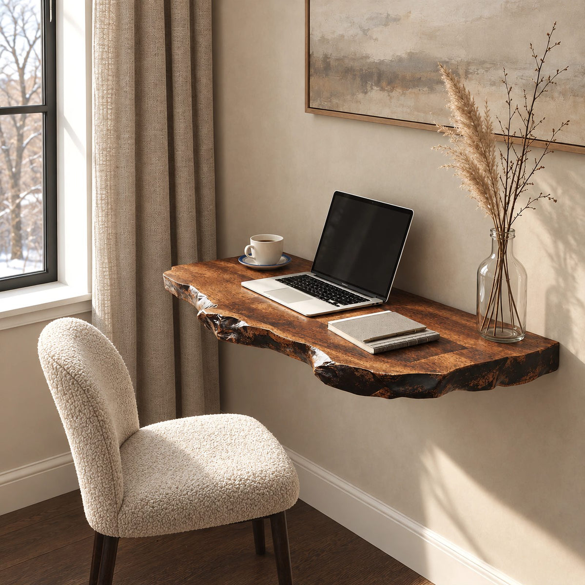 Lodge Style Thick Slab Wall Mounted Desk With Rugged Edge For Living Room