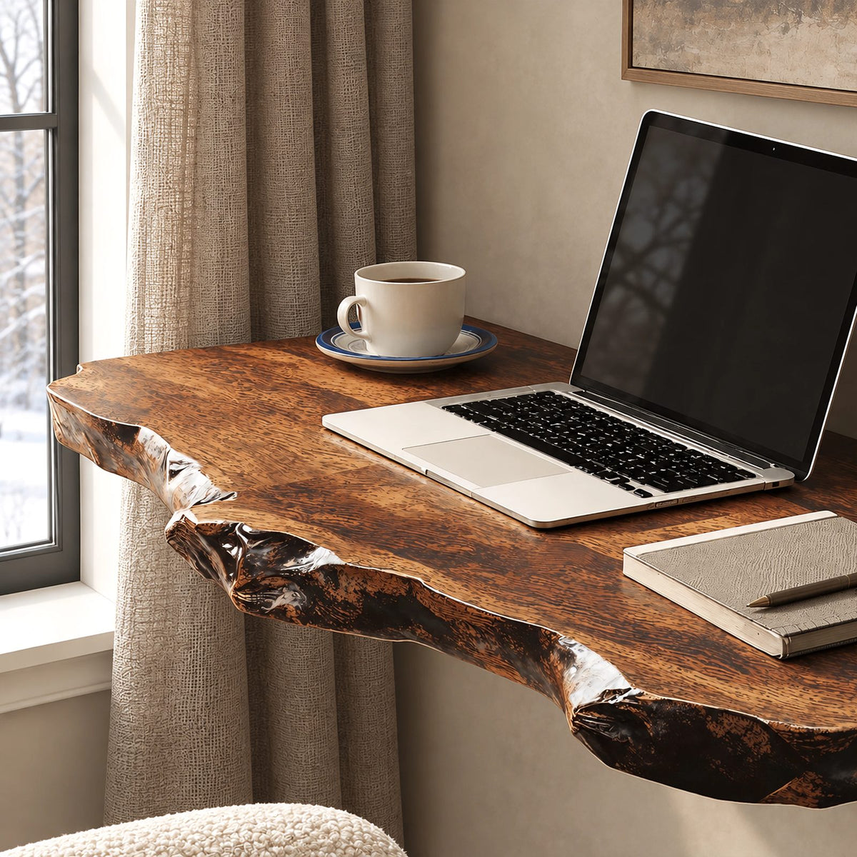 Lodge Style Thick Slab Wall Mounted Desk With Rugged Edge For Living Room